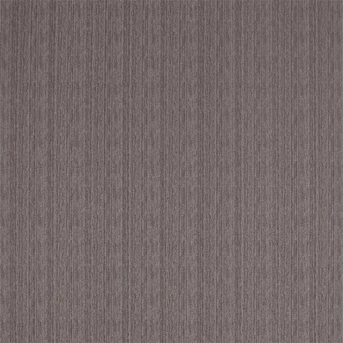 Close-up of a taupe-grey woven fabric with fine vertical texture