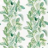 Green calathea leaf print on a white ground with large botanical clusters