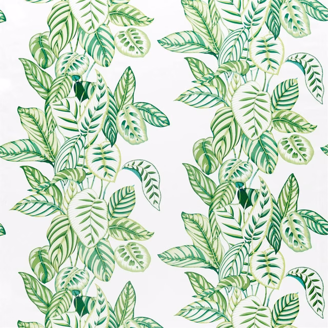 Green calathea leaf print on a white ground with large botanical clusters
