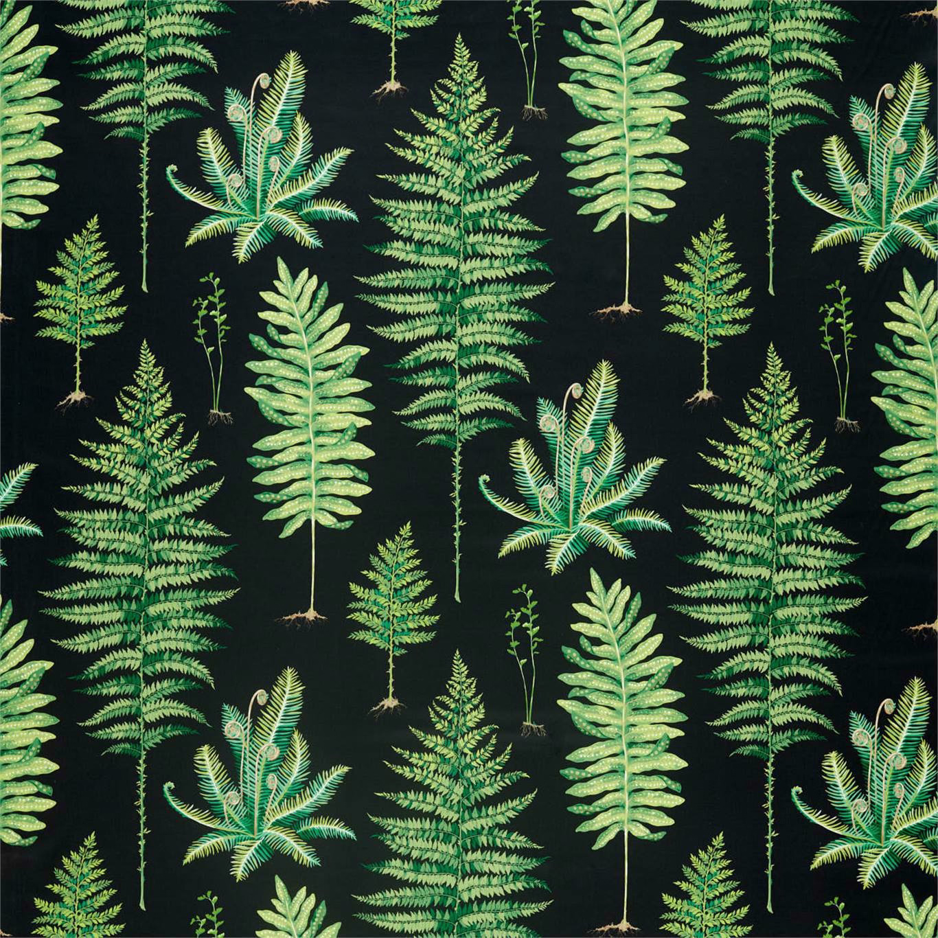 Dark charcoal fabric with repeated bright green fern fronds and botanical leaf motifs