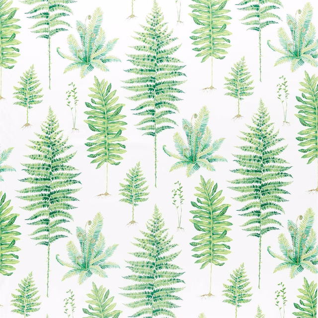 White fabric swatch with scattered green fern and palm leaf motifs