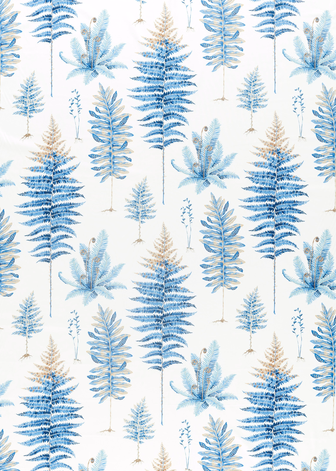 Blue fern and leaf motifs scattered across a white woven fabric