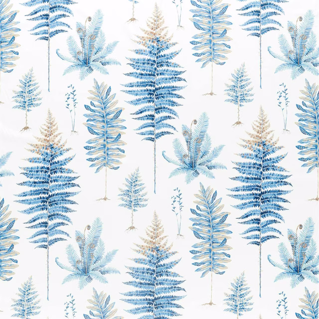 Blue fern and leaf motifs scattered across a white woven fabric