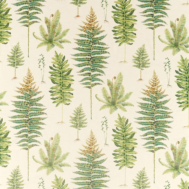 Cream fabric with scattered fern motifs in olive, green and muted gold