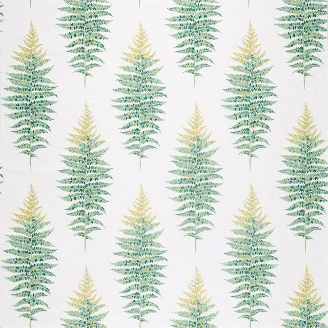 Repeated fern plumes in green and yellow-green on a pale ground
