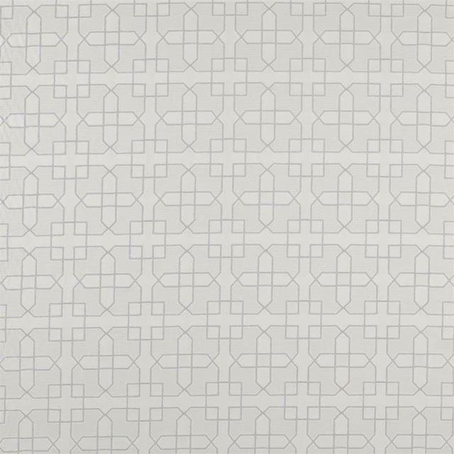 Pale grey geometric woven fabric with a soft off-white ground