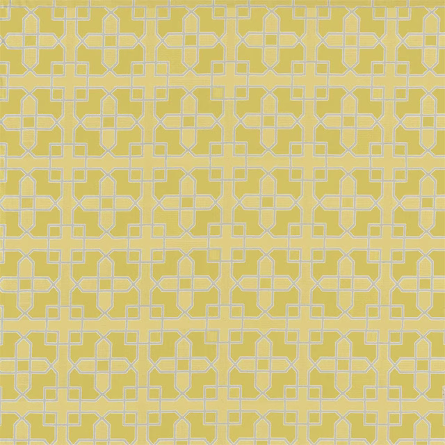 Yellow geometric woven fabric with pale outlined lattice pattern