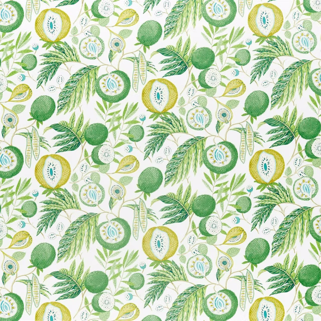 Botanical fabric swatch with green fruit, leaves and pale aqua details on white