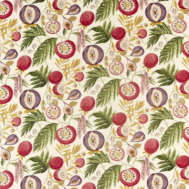 Cream ground botanical fabric with fig fruit and olive-green leaves, large-scale print
