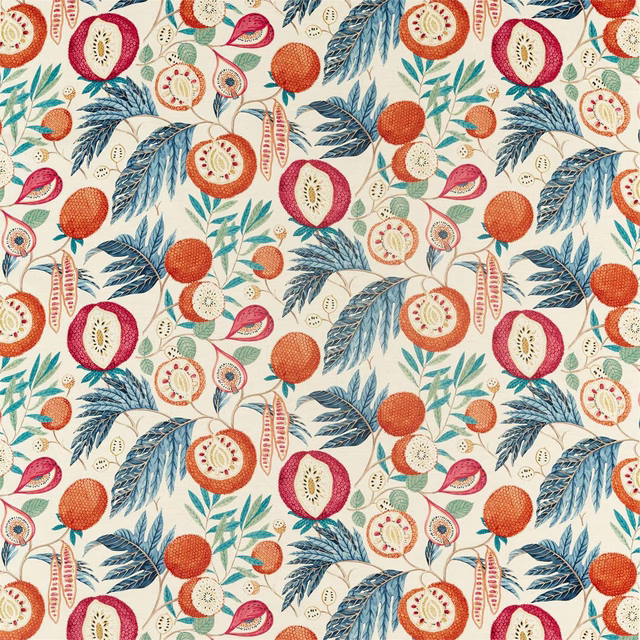 Tropical fruit and leaf print in indigo blue, coral, magenta and cream
