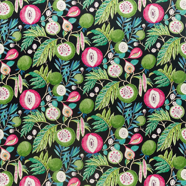 Black tropical fruit print with green leaves, pink accents and teal foliage