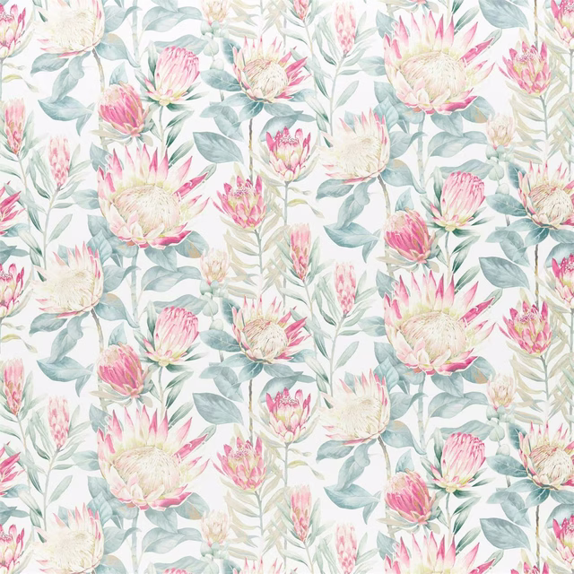 Large-scale protea floral fabric with orchid pink blooms and grey-green leaves on white