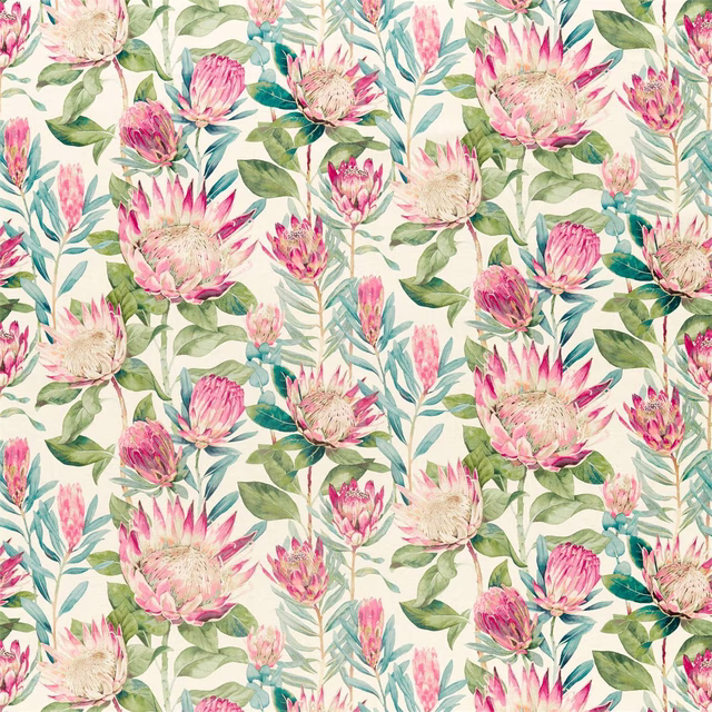 Painterly pink protea flowers with sage and teal foliage on a pale ground