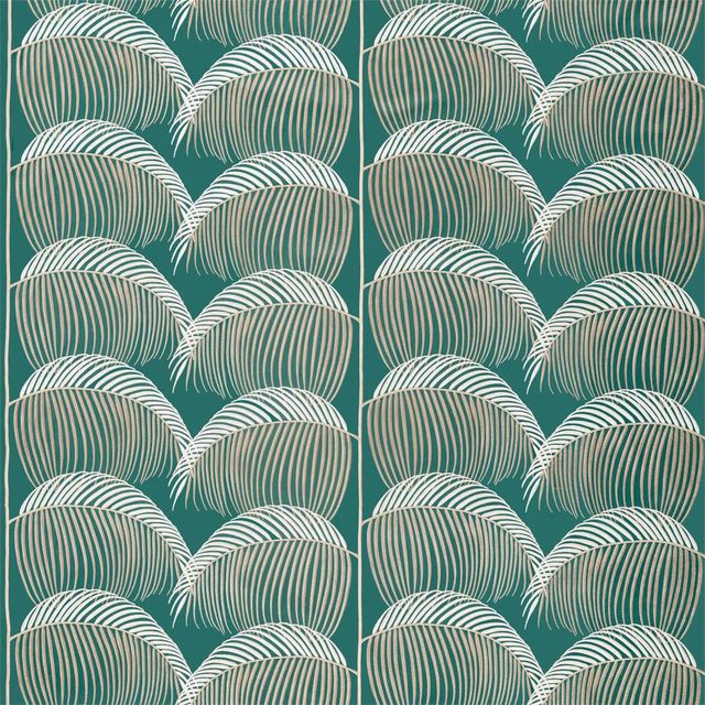 Teal-green fabric swatch with ivory embroidered fan stripes and repeating large-scale motif