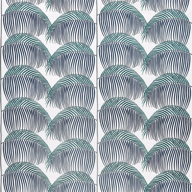 Swatch of indigo and teal fan stripe fabric with a bold repeating pattern