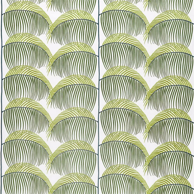 Lime green scalloped fan embroidery with olive striped detailing on a pale ground