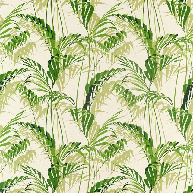 Green palm frond pattern on a pale cream ground with layered botanical leaves