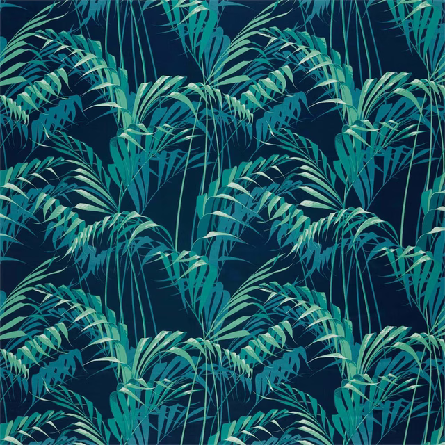 Deep ink-teal fabric with layered palm fronds in mint and aqua