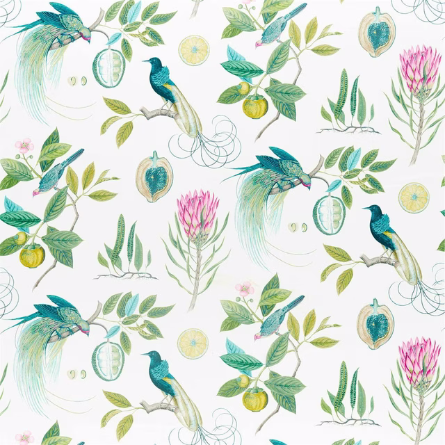 Printed tropical birds and leaves on a pale ground with green and teal accents