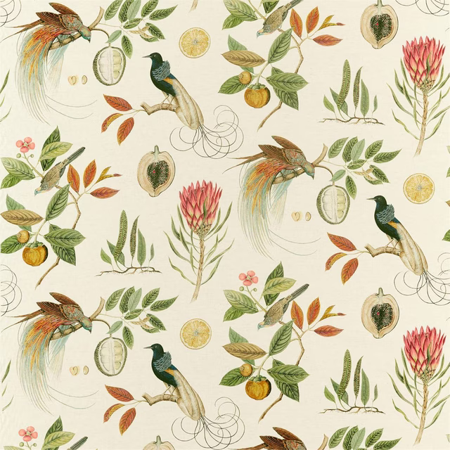 Botanical fabric swatch with birds, leaves and flowers in orange, olive and cream