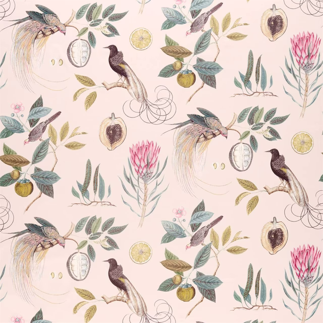 Soft orchid-pink botanical print with birds, flowers and foliage on pale ground