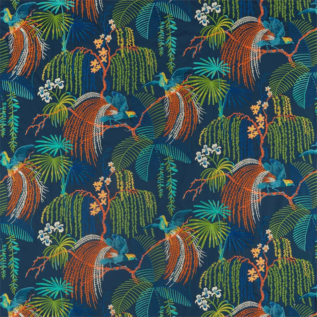 Navy tropical fabric with embroidered birds, palms and bright trailing foliage