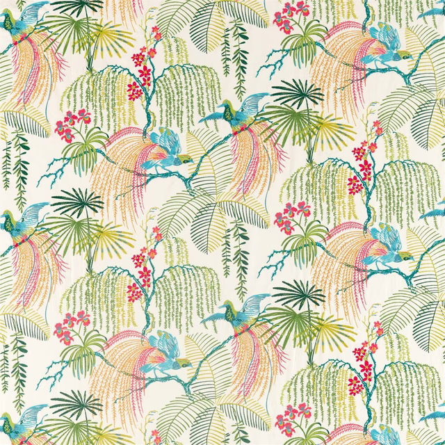 Ivory tropical fabric with embroidered birds, palms, fronds and pink blossoms