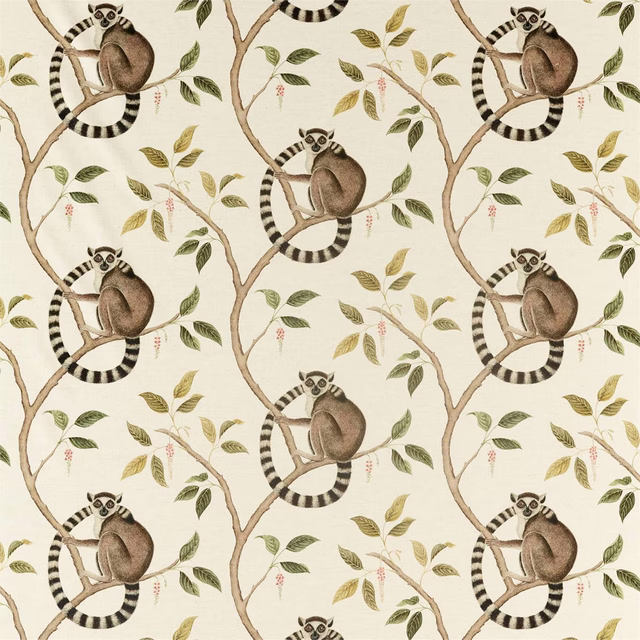 Ring-tailed lemurs in olive and brown among tan branches on ivory fabric