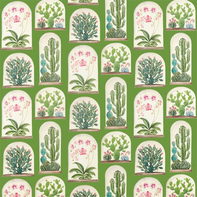 Bright green printed fabric with arched terrarium cacti and plant motifs