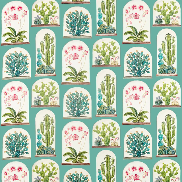 Teal printed fabric with cactus terrarium arches, pink flowers and cream grounds
