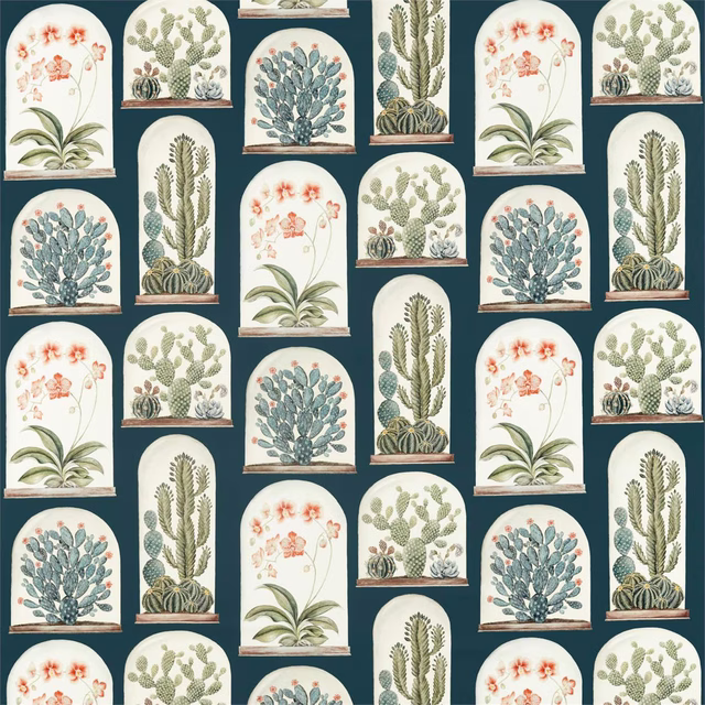 Deep ink blue fabric with repeating arched botanical terrarium panels