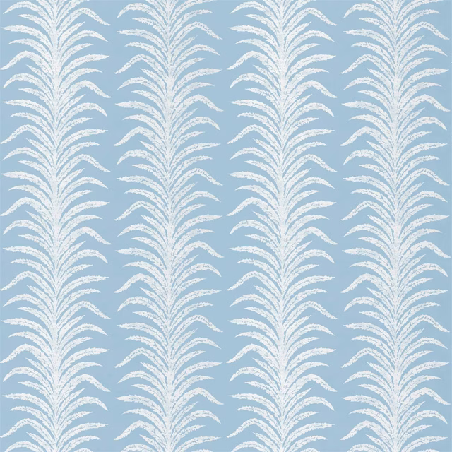 Pale blue woven fabric with repeating white fern fronds in vertical columns