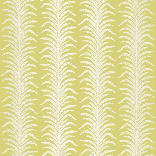 Lime yellow woven fabric with white fern frond stripes and tall vertical repeat