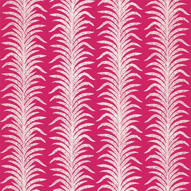 Hot pink fabric with cream fern-like vertical stripes and a woven texture