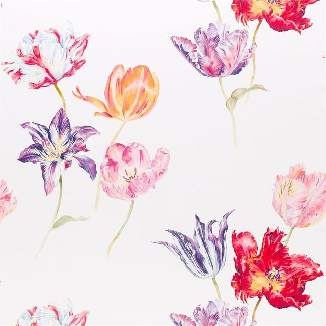 White fabric swatch with large painterly tulips in pink, red, lilac and apricot