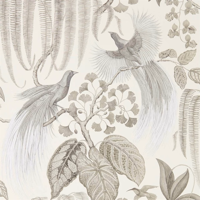 Ivory wallpaper with soft grey birds, leafy branches and sweeping fern fronds