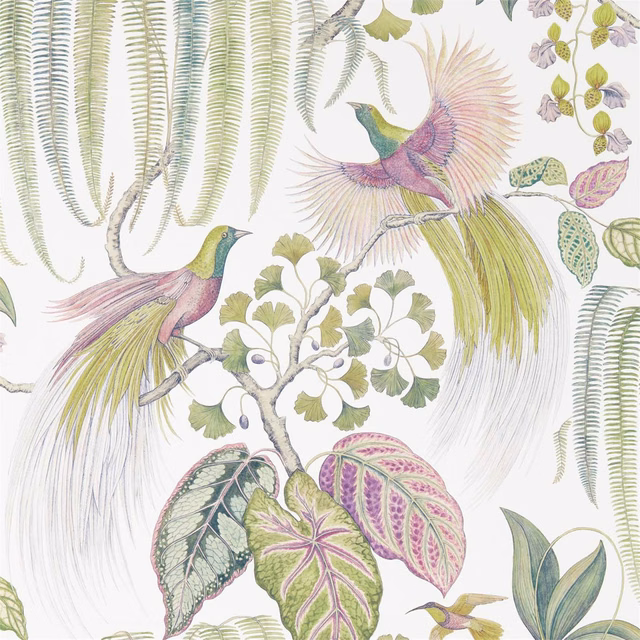 Orchid-pink birds and trailing green foliage on a white botanical wallpaper ground