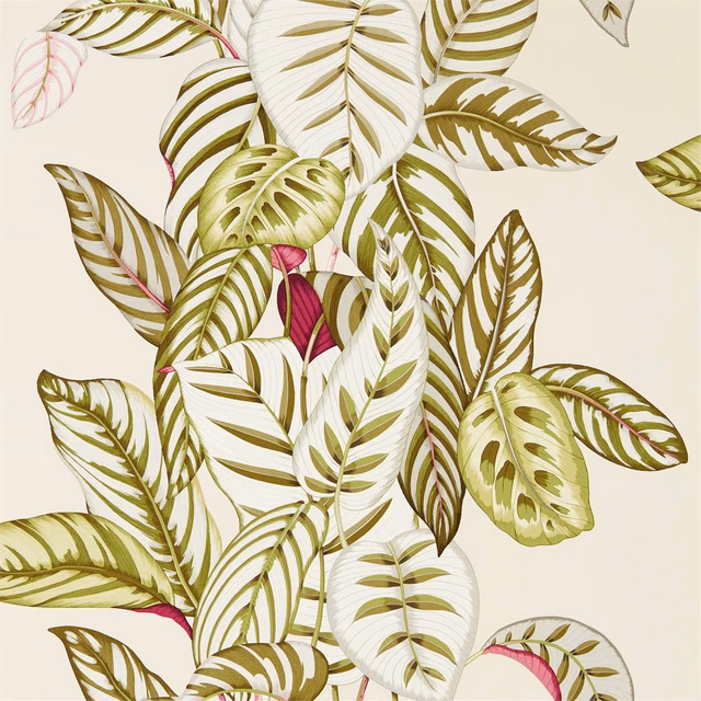 Ivory wallpaper with layered olive tropical leaves, pale green highlights and pink accents