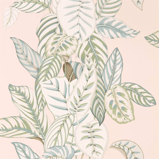 Blush pink wallpaper with layered sage eucalyptus leaves and cream botanical forms
