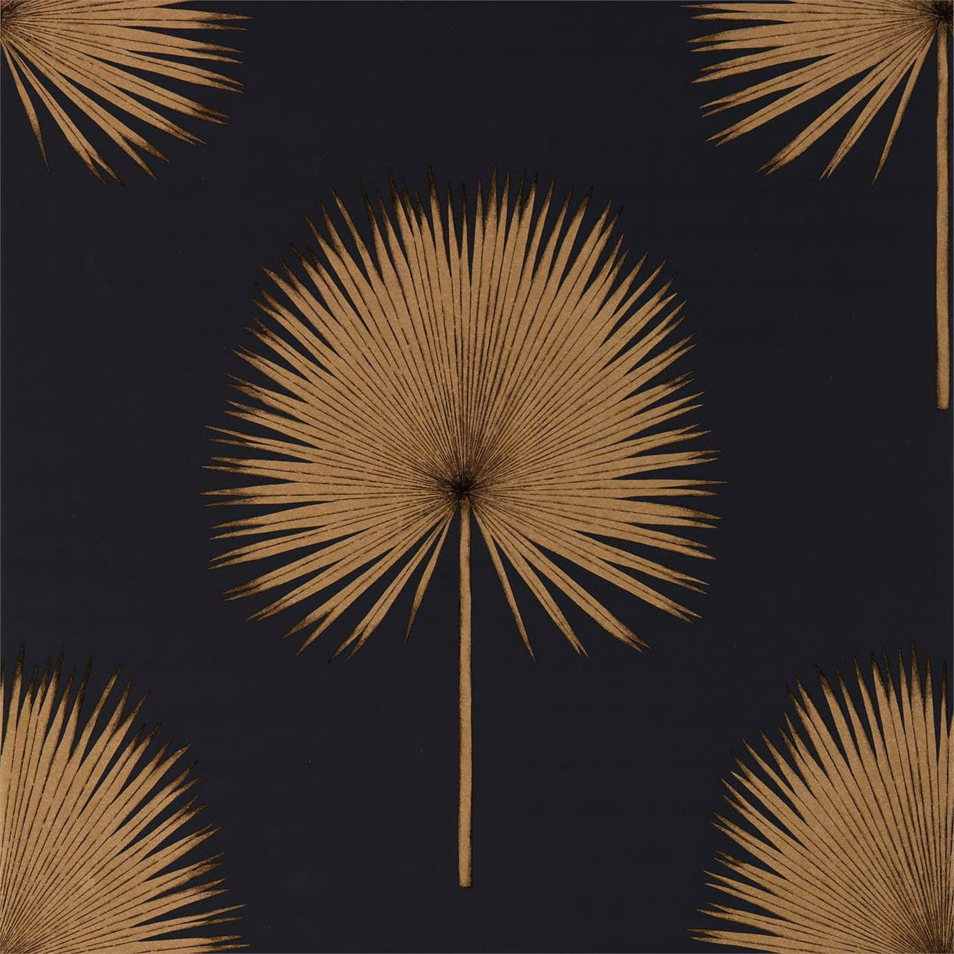 Charcoal wallpaper with radiating muted-gold fan palms and clipped corner motifs