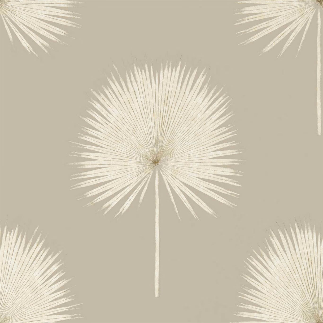 Warm greige wallpaper with ivory fan palms and fine radial detailing