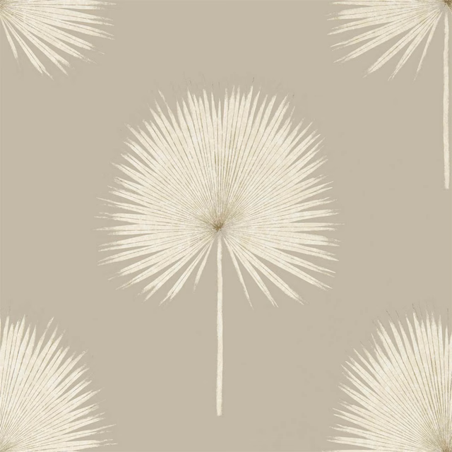 Warm greige wallpaper with ivory fan palms and fine radial detailing