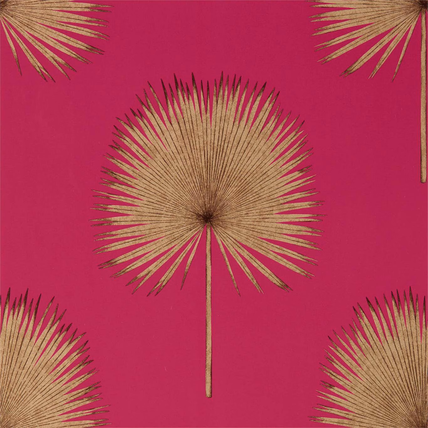 Vivid magenta wallpaper with large gilt fan palm fronds and radiating botanical motifs
