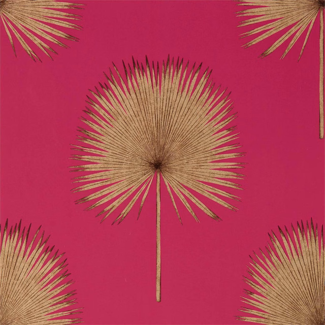 Vivid magenta wallpaper with large gilt fan palm fronds and radiating botanical motifs