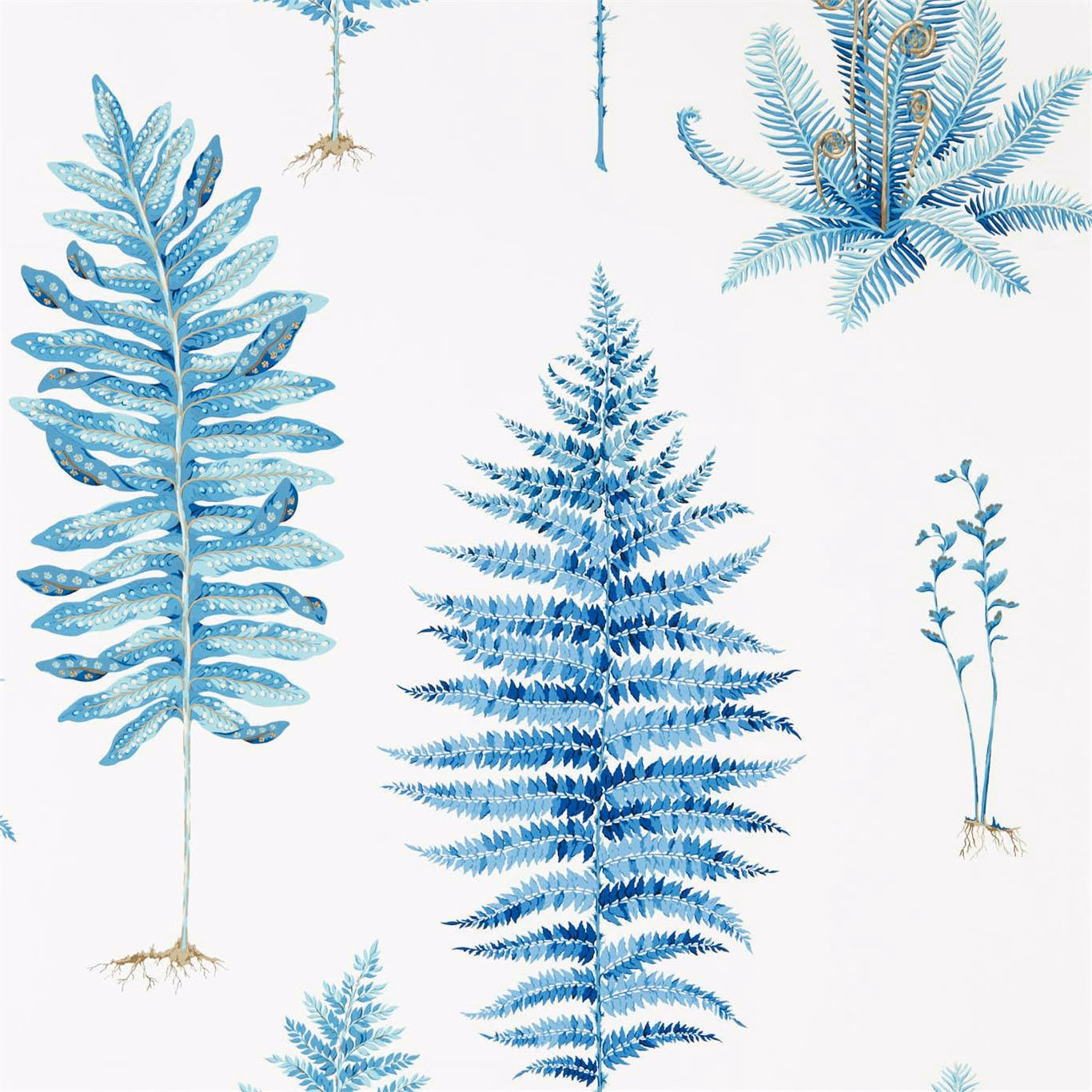 Cool China-blue fern fronds and delicate botanical sprigs on a white ground