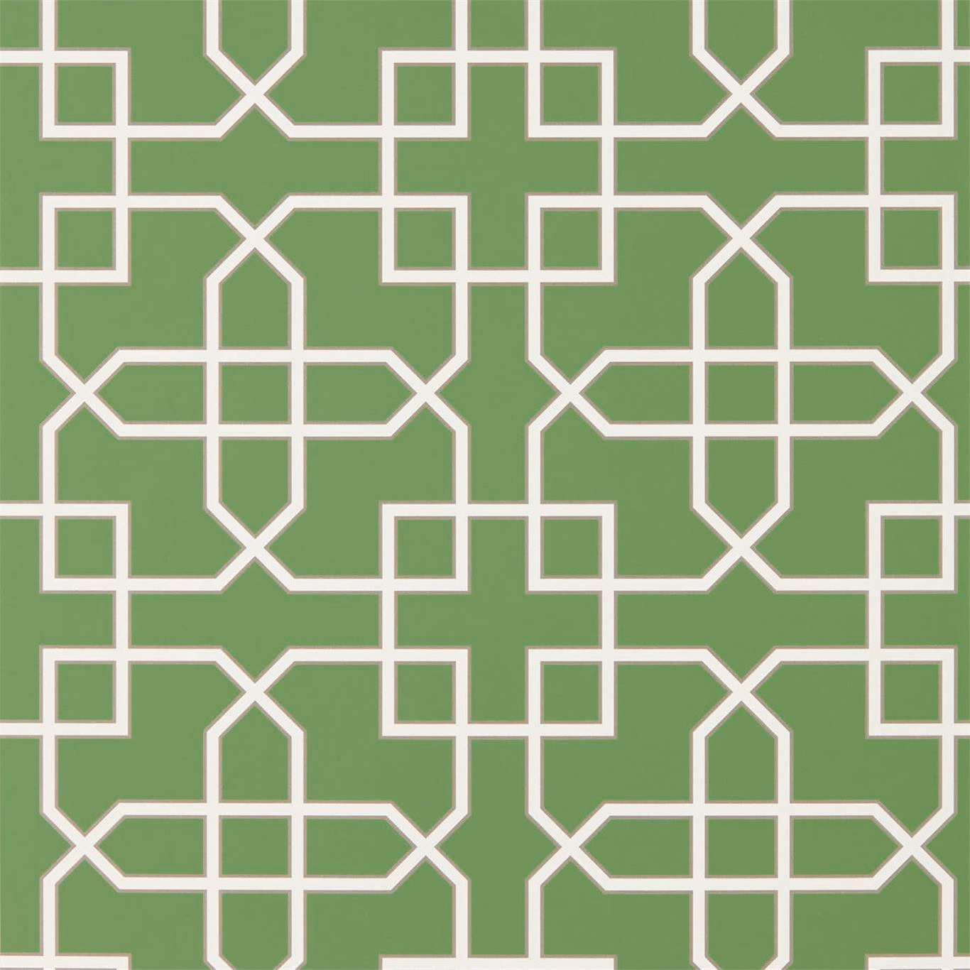 Muted botanical green wallpaper with crisp ivory interlocking trellis lines