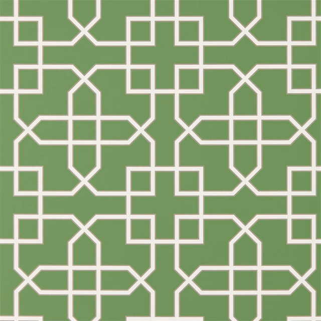 Muted botanical green wallpaper with crisp ivory interlocking trellis lines