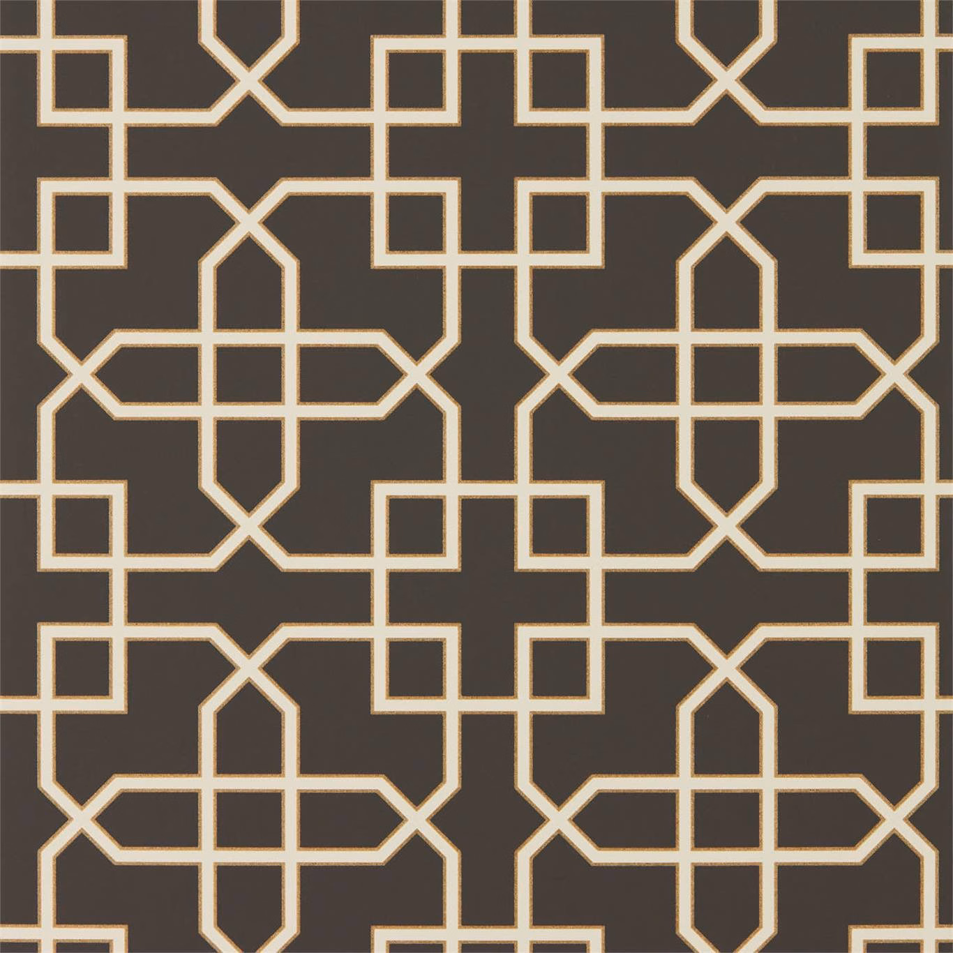 Charcoal wallpaper with cream interlocking trellis squares and pointed geometric arches