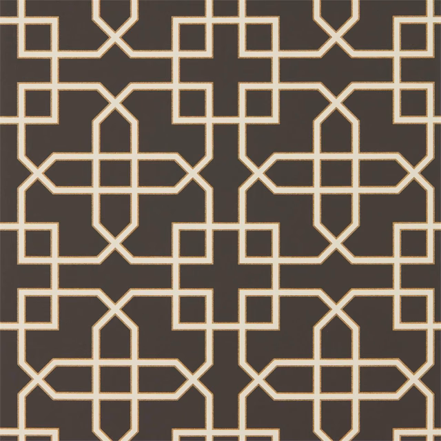 Charcoal wallpaper with cream interlocking trellis squares and pointed geometric arches