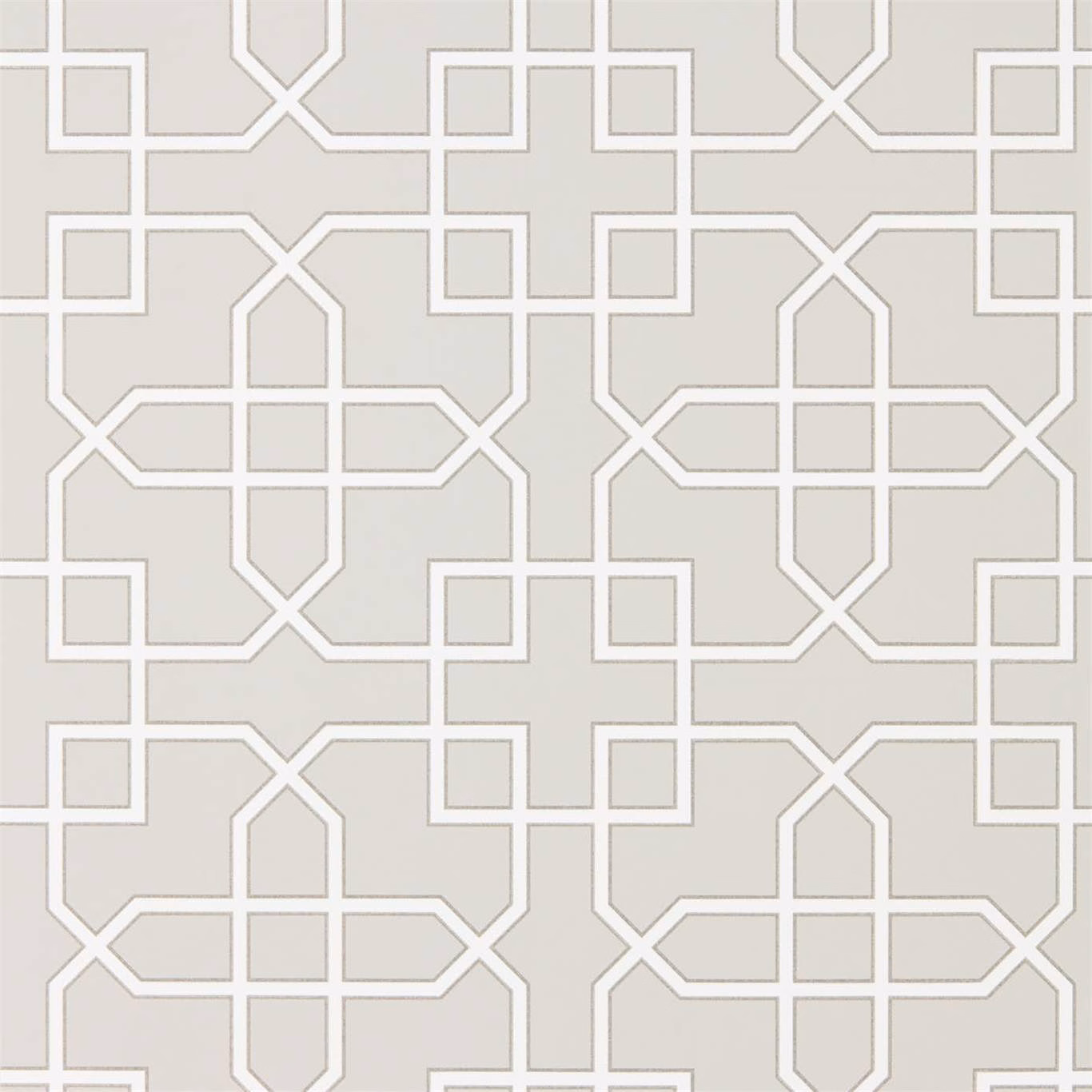 Pale grey wallpaper with crisp white interlocking geometric trellis pattern